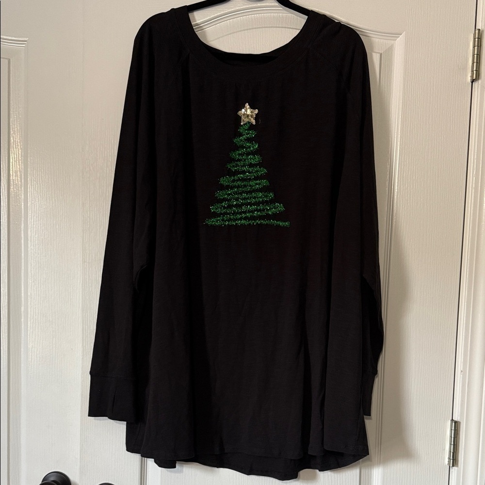 Belle by Kim Gravel Black Long Sleeve Tee with Green Tree Design Size 5X